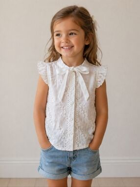 Girls' Humor Bear White Lace Tie-Neck Sleeveless Cotton Top